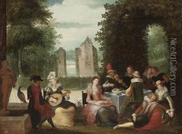 Elegant Company Making Music In A Garden With A River Beyond Oil Painting - Louis de Caullery