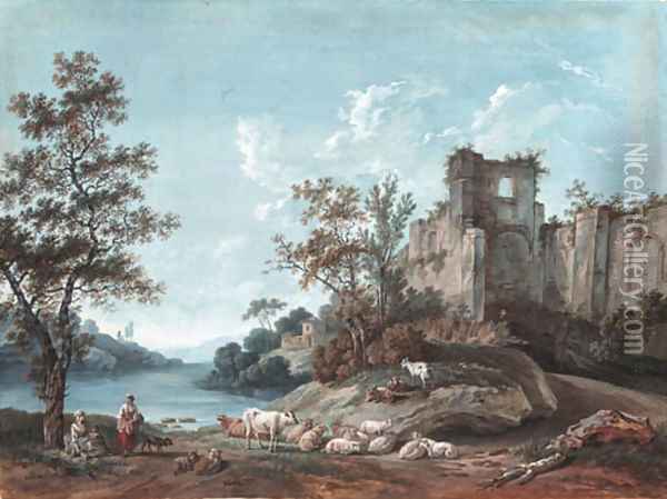 An extensive river landscape with the ruins of an abbey, shepherds in the foreground Oil Painting - Franois Huet