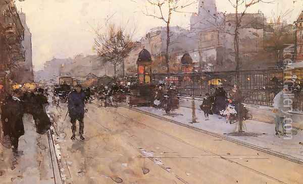 A Parisian Street Scene with Sacre Coeur in the distance Oil Painting - Luigi Loir