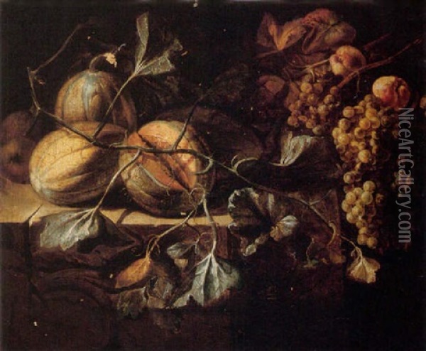 Still Life Of Melons With Apples And Grapes Arranged Upon A Stone Ledge Oil Painting - Michelangelo Cerquozzi