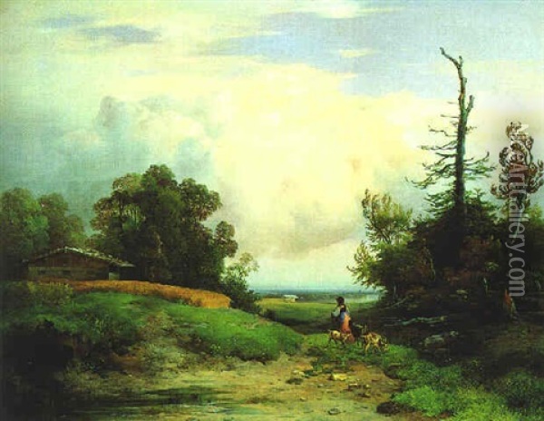 Ziegenhirtin Auf Eine Weite Landschaft Blickend Oil Painting - Wilhelm Pollak