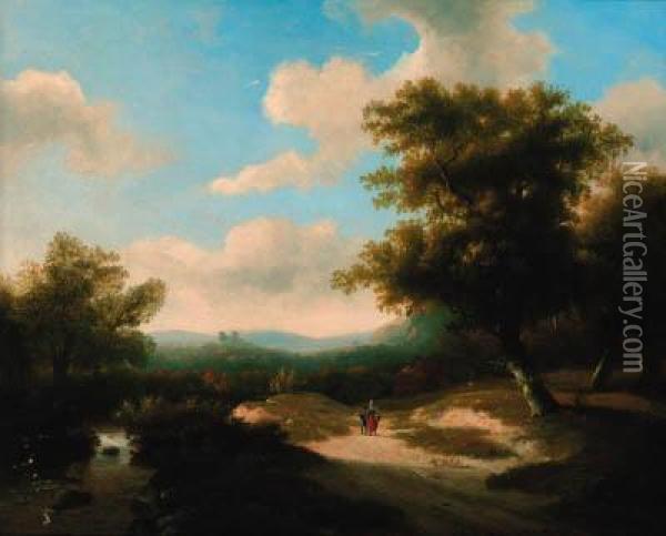 A Wooded River Landscape With Figures Walking Along A Path Oil Painting - Marinus Adrianus Ii Koekkoek