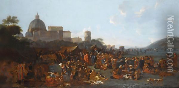 Figures Feasting At A Fair In Prati, Outside The Walls Of Rome, With The Basilica Di San Pietro And Monte Mario Beyond Oil Painting - Jan Miel