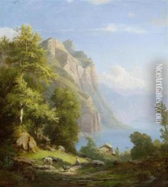 Rocky Landscape With A Lake And A Herd Oil Painting - Carl Johann Fr. Toeche