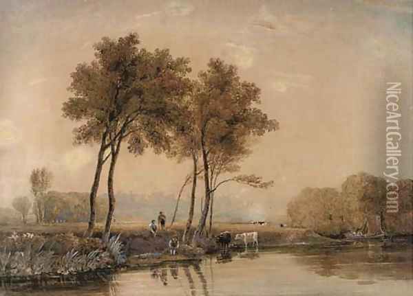 Anglers on the banks of the Thames before Windsor Castle Oil Painting - Ircle Of George Jun Barret
