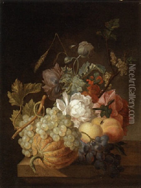 A Melon, Grapes, Peaches, Gooseberries, An Ear Of Corn And Flowers On A Ledge Oil Painting - Pieter Faes
