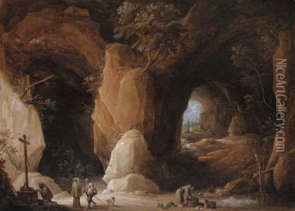 Hermits At A Grotto With Travellers Oil Painting - David The Younger Teniers