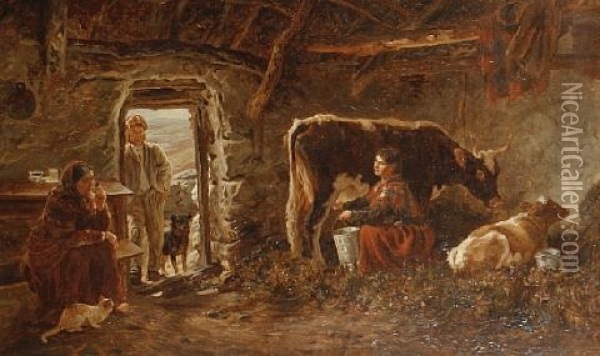 Interior Of A Cabin (+ Soogaun (or Straight And Hay Rope) Making; Pair) Oil Painting - Basil Bradley