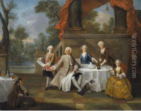 Elegant Family At Lunch In Their Garden Oil Painting - Pierre Villebois