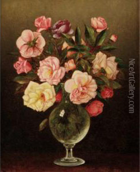 Still Life Of Roses In A Glass Vase Oil Painting - Thomas Addison Richards