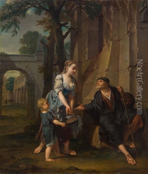 An Allegory Of Charity: A Young Woman And A Boy Offering Sustenance To An Old Man Oil Painting - Nicholaas Verkolye