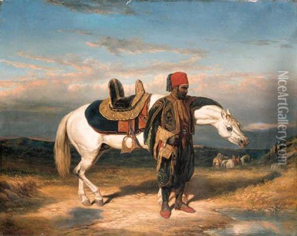 An Arabian Horseman Watering Oil Painting - Alfred De Dreux