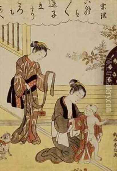 A mother dressing her young son in a kimono Oil Painting - Suzuki Harunobu