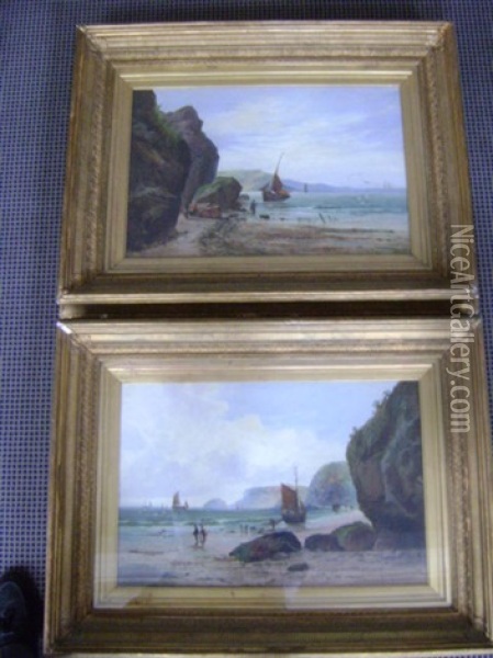 Coastal Landscapes With Sailing Vessels And Fisherfolk (pair) Oil Painting - William Gilbert Foster