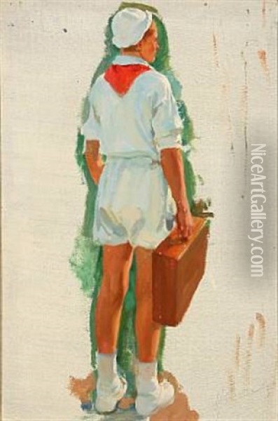 A Russian Boy With His Suitcase (study) Oil Painting - Ivan Georgevich (Egorovich) Drozdov
