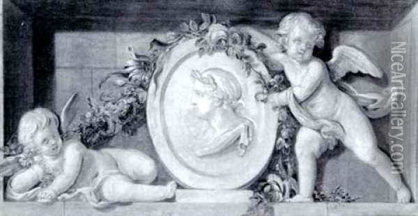 Putti In A Niche With A Portrait Relief Surrounded          With A Garland Of Flowers Oil Painting - Dionys van Nymegen