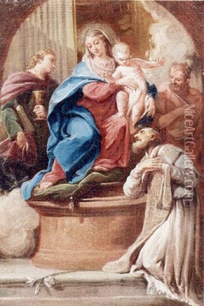 Madonna In Trono E I Ss. Giovanni Evangelista, Giovanni Battista E Filippo Neri Oil Painting - Giovanni Battista Pittoni the younger