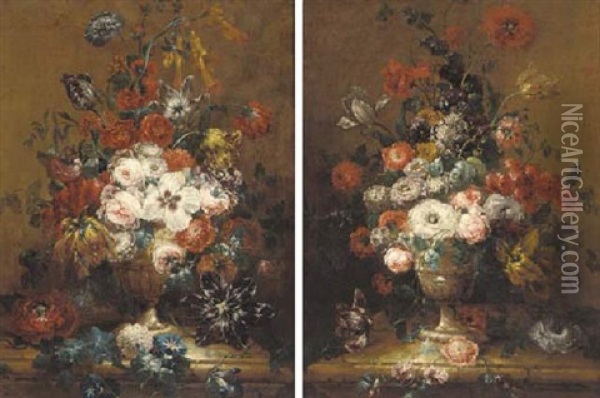 Roses, Peonies, Carnations And Other Flowers In A Gilt Urn On A Ledge Oil Painting - Johann Zagelmann