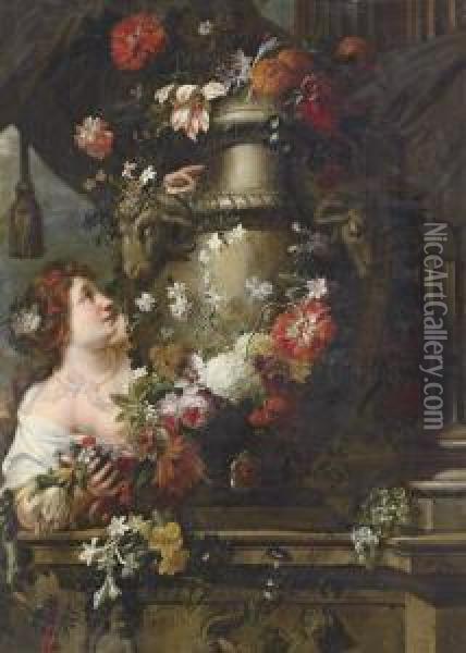 A Lady Adorning A Sculpted Urn 
With Roses, Lilies And Other Flowers, With A Draped Column And Grapes On
 A Stone Ledge Oil Painting - Gaspar-pieter The Younger Verbruggen