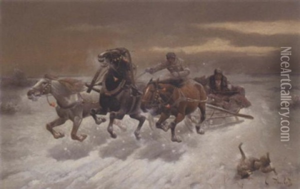 Hunting The Wolf Oil Painting - Adolf (Constantin) Baumgartner-Stoiloff