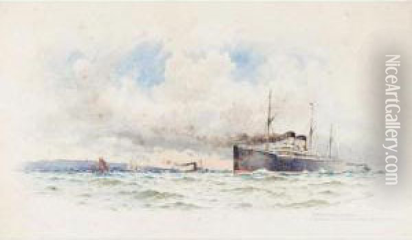White Star Liner Entering The Mersey; Outward Bound, Fishing Boats Off Folkstone Oil Painting - William Stephen Tomkin