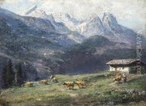 Sennerin Mit Kuhherde Auf Der
 Alm. Oil Painting - Ludwig Correggio