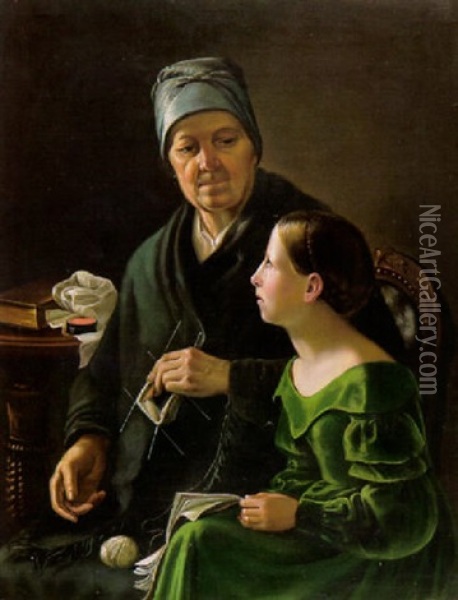 The Knitting Lesson Oil Painting - Johan Erik Lindh