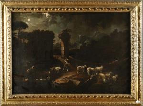 Scena Pastorale Notturna Con Rovine Oil Painting - Johann Melchior Roos