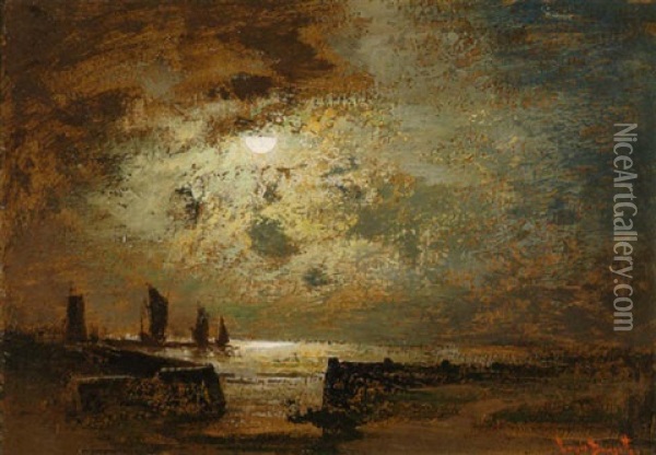 Mondnacht An Der Meereskuste Oil Painting - Louis Douzette
