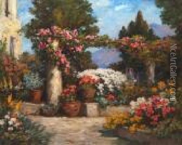 Floral Garden Terrace With Rose Arbour Oil Painting - Thomas E. Mostyn