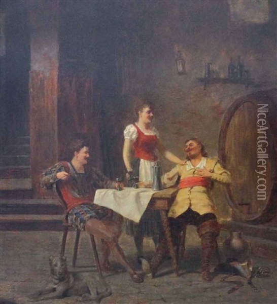 Zwei Zecher Mit Schankmagd In Einem Wirtshaus Oil Painting - Victor Schivert