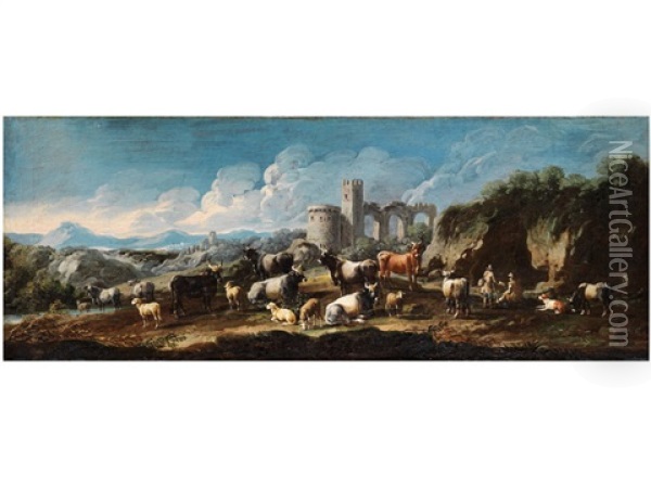 Hirten Mit Einer Rinderherde Und Schafen In Einer Landschaft Vor Einer Burgruine Oil Painting - Cajetan Roos