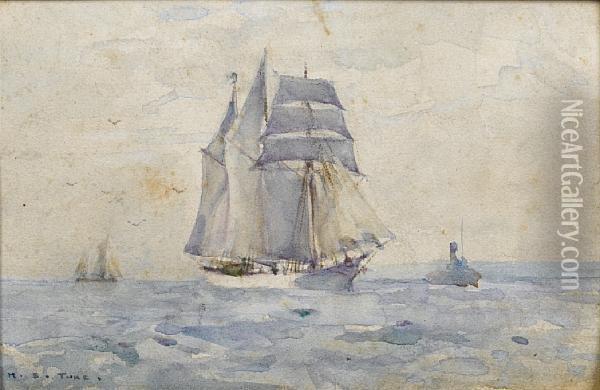 A Three-masted Topsail Schooner Heading Intoport With A Tug Oil Painting - Henry Scott Tuke
