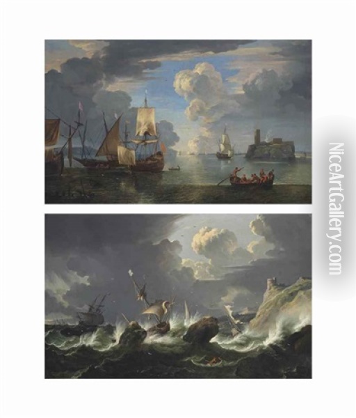 A Calm Harbour Scene With Ships Anchored Near A Fortified Rocky Outcrop (+ Shipping In Stormy Waters; Pair) Oil Painting - Pieter Mulier the Younger