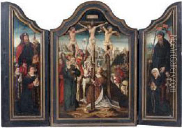 Le Golgotha Entre Les Donateurs Presentes Par Saint Jacques Et Un Saint Protecteur Oil Painting - Barend Van Orley