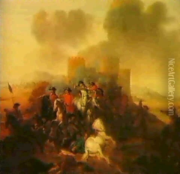A Cavalry Battle Before A Castle. Oil Painting - Jan van Huchtenburg