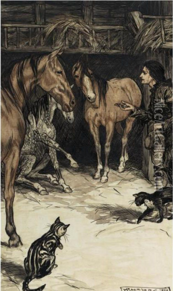 Gulliver Visiting With The Houyhnhnms Oil Painting - Arthur Rackham
