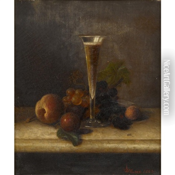 Still Life With Champagne Flute And Mixed Fruits On A Marble Ledge Oil Painting - Peter Joseph Wilms