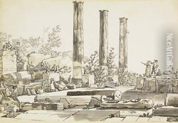 Landscape With Figures Among Ruins Of The Temple Ofapollo Oil Painting - Claude-joseph Vernet