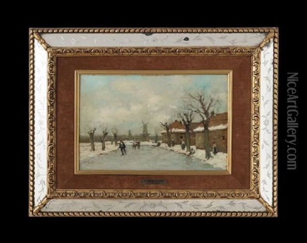 L'hiver En Holland; Les Patineurs (pair) Oil Painting - Joseph Paul Mesle