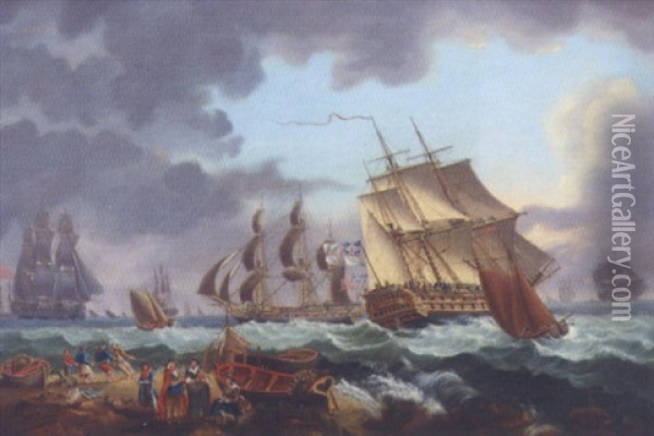 Man-o-war Caught On A Stormy Sea Oil Painting - Thomas Luny