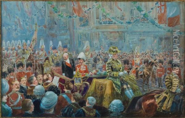 Parade Scene Depicting George V And Poincare Oil Painting - Charles Jean-Bapt. Detaille