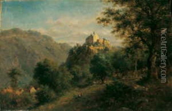 Mittelgebirgslandschaft Mit Hochgelegener Burg Oil Painting - Johann Adolf Hoeffler
