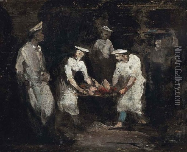 A Busy Kitchen Oil Painting - Theodule Ribot