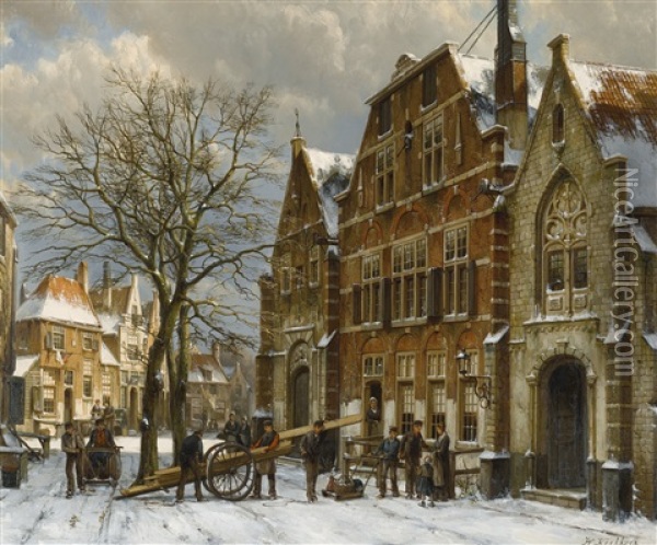Winter Street Scene, Oudewater Oil Painting - Willem Koekkoek