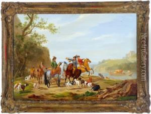Cavalieri In Sosta Con Cani In Riva Al Fiume Oil Painting - Francesco Giuseppe Casanova