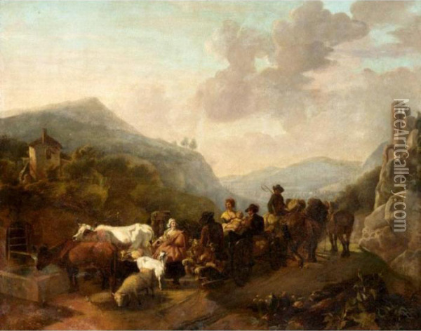 An Extensive Italianate Landscape With A Caravan Of Drovers Watering Their Animals Oil Painting - Jean Louis (Marnette) De Marne