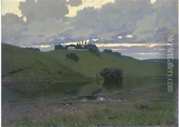 On The Riverbank At Dusk Oil Painting - Mikhail Ivanovich Kholodovsky
