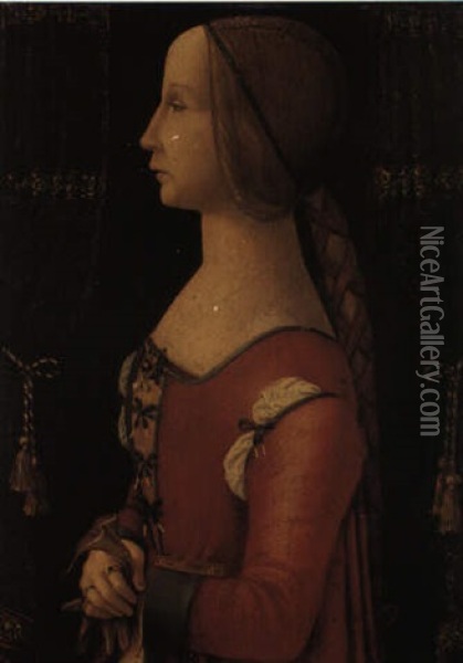 Portrait Of A Lady In Left Profile Between Green Velvet Curtains Oil Painting - Bernardino dei Conti