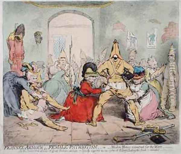 Flannel Armour Female Patriotism or Modern Heroes Accoutred for the Wars Oil Painting - James Gillray
